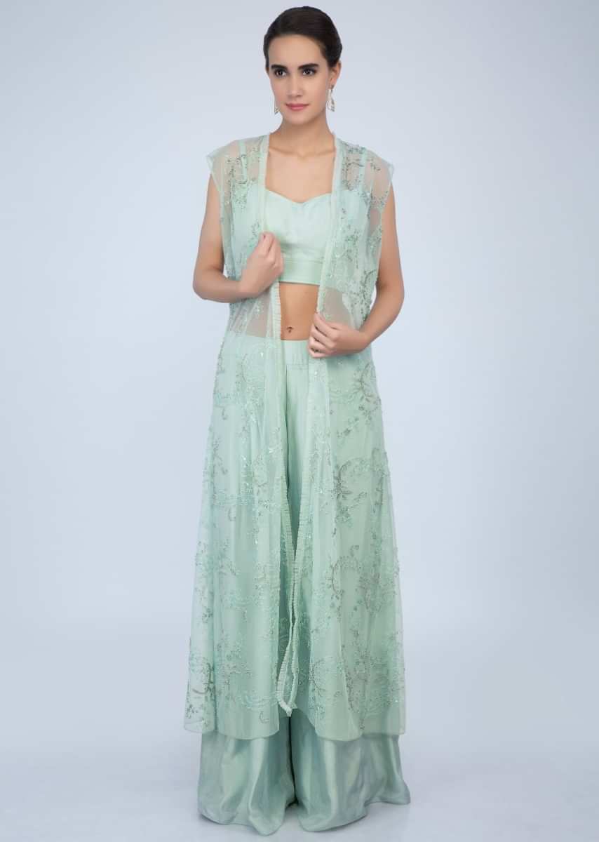 Pista Green Crop Top And Palazzo With Matching Embroidered Net Jacket Online - Kalki Fashion