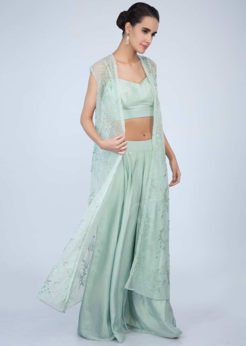 Pista Green Crop Top And Palazzo With Matching Embroidered Net Jacket Online - Kalki Fashion