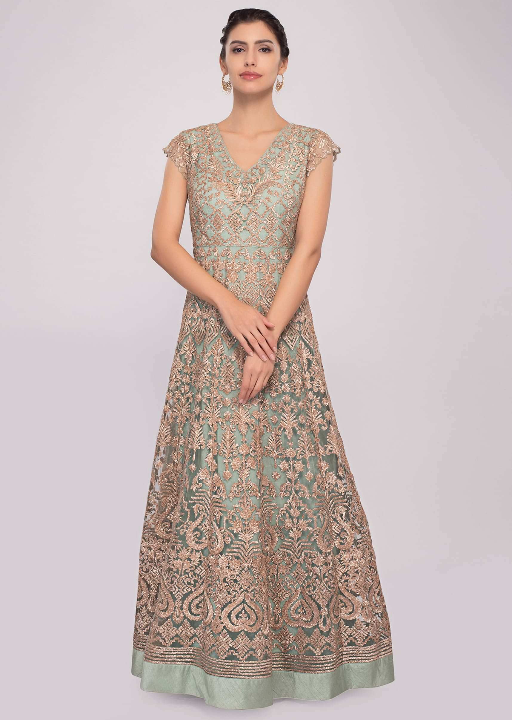Pista green embroidered anarkali suit in net and  satin 