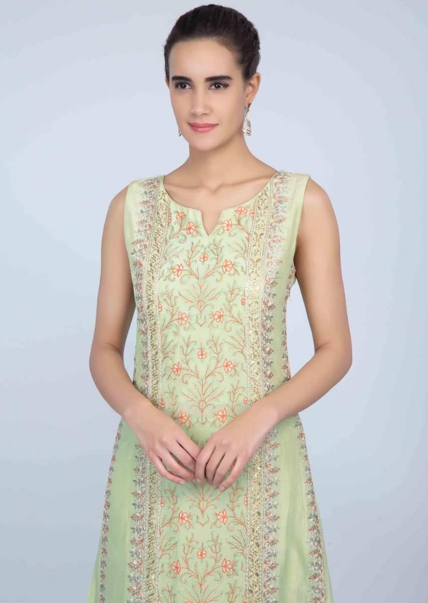 Pista green front panel embroidered suit with matching lehenga and dupatta only on kalki