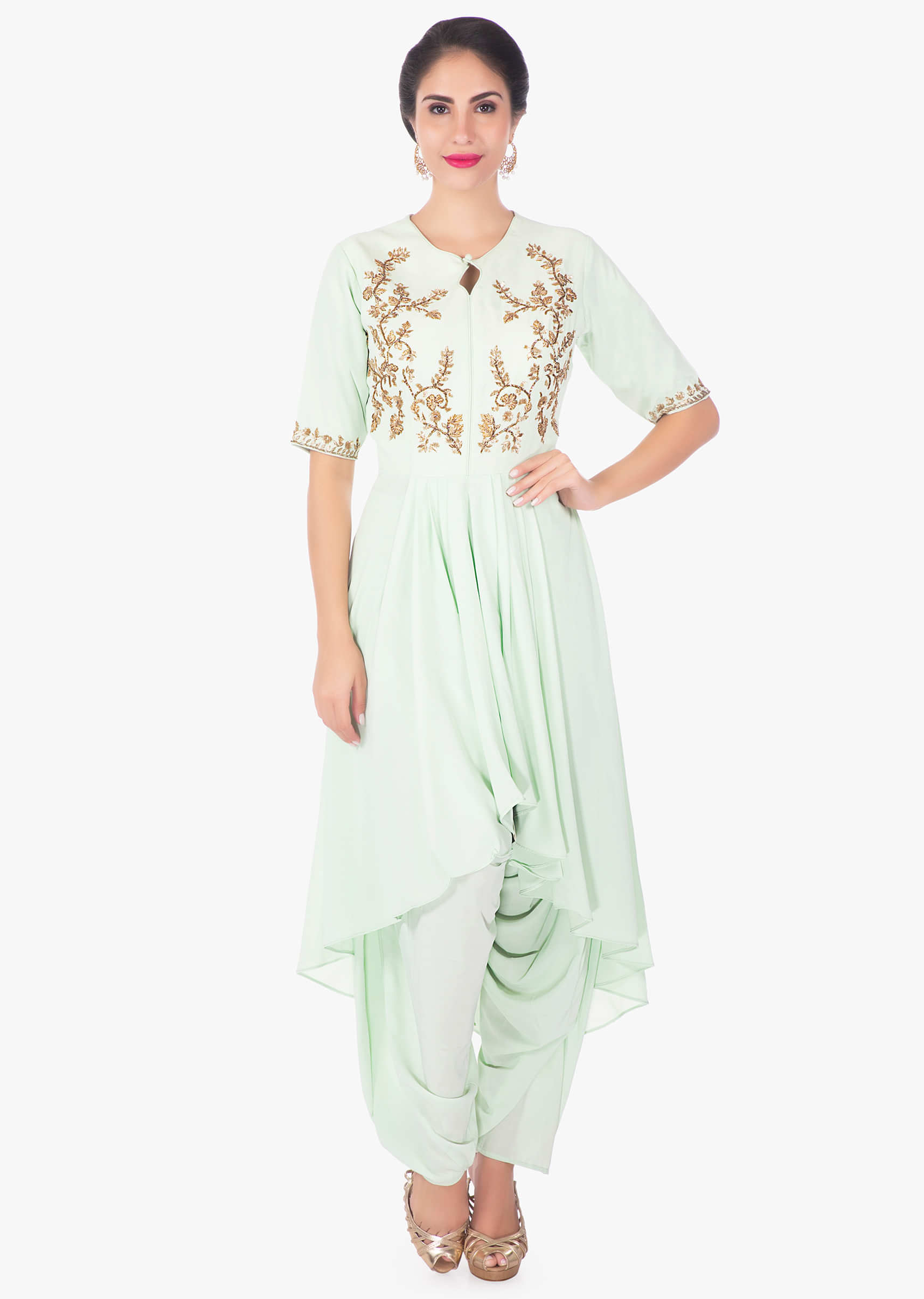 Pista green front short back long kurti with a matching dhoti pant only on Kalki