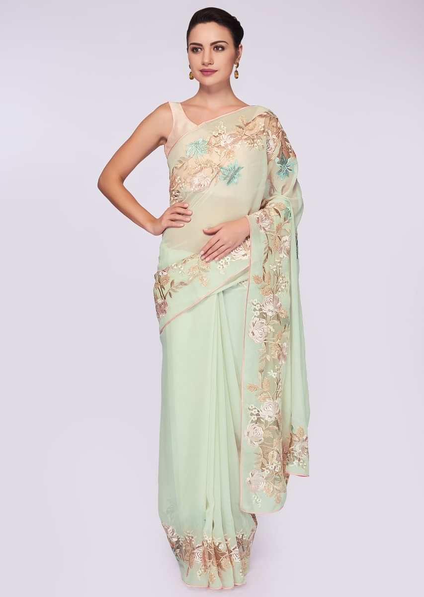 Pista green georgette saree having lower bottom in floral resham embroidery