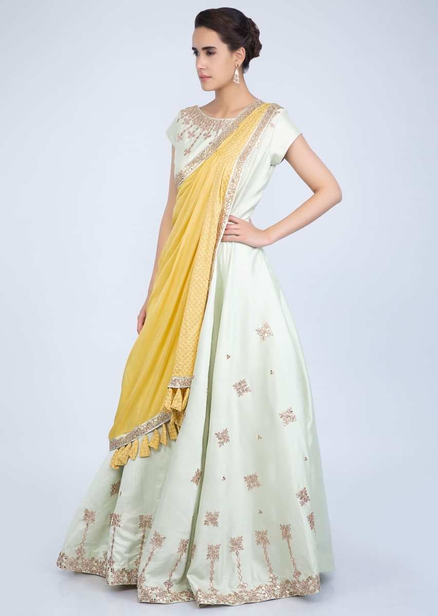 Pista Green Anarkali With Gotta Embroidery And Pre Stitched Ready Pleated Draped Dupatta Online - Kalki Fashion