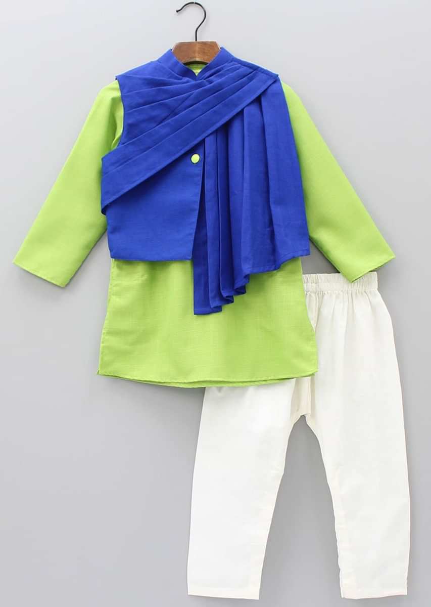 Pista Green Kurta Matched With Royal Blue Fancy Draped Jacket Online - Kalki Fashion
