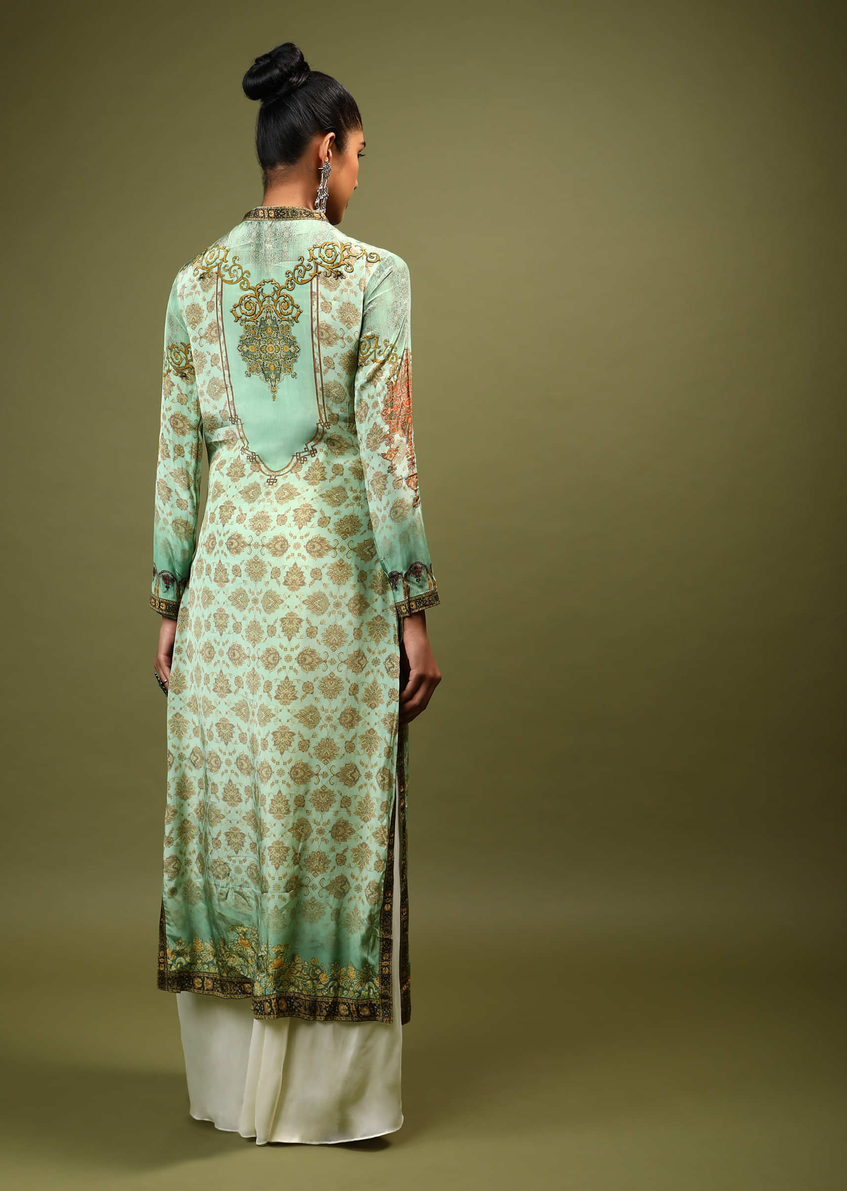 Buy Pista Green Kurti In Crepe With Floral And Mughal Print And Kundan ...