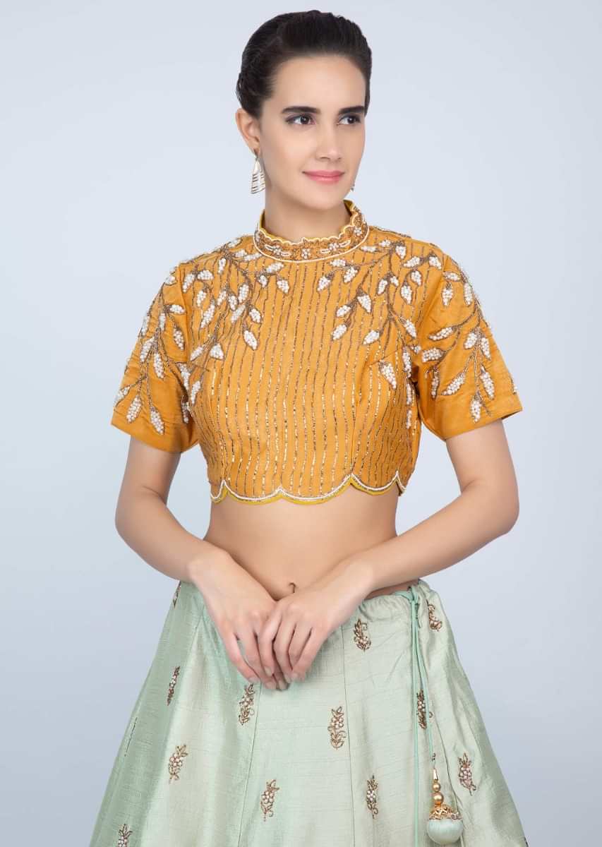 Pista Green Lehenga With Butterscotch Yellow Embroidered Blouse And Net Dupatta Online - Kalki Fashion