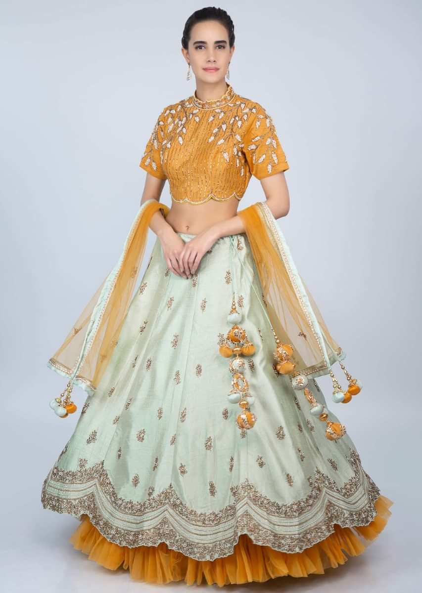 Buy Pista Green Lehenga With Butterscotch Yellow Embroidered Blouse And ...
