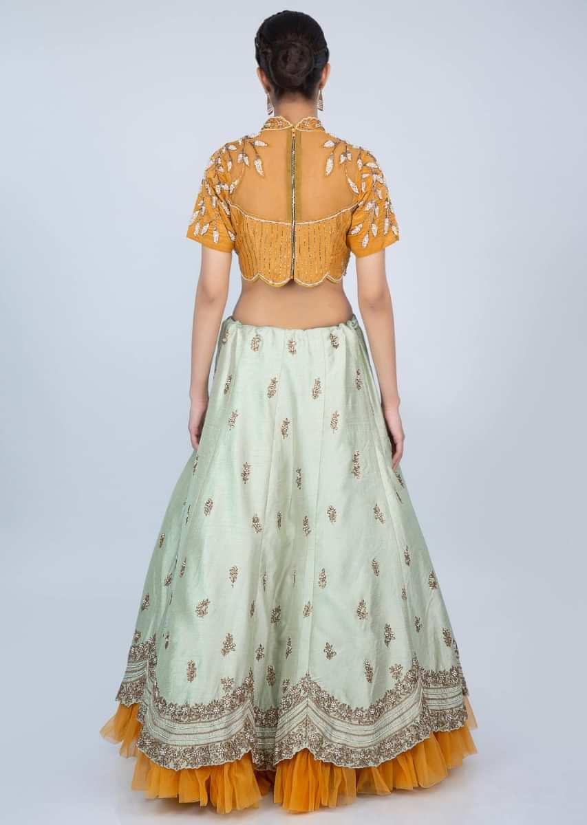 Pista Green Lehenga With Butterscotch Yellow Embroidered Blouse And Net Dupatta Online - Kalki Fashion