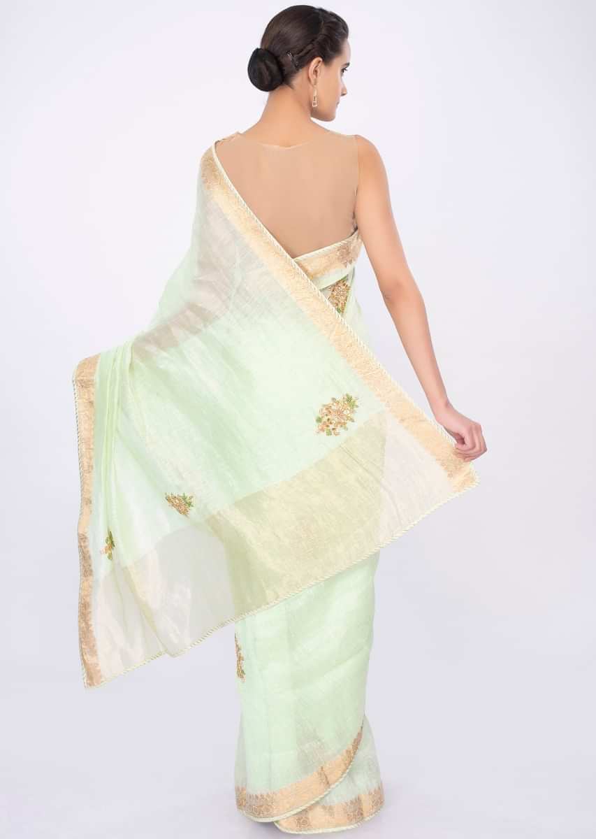 Pista green linen saree with  butti work only on kalki