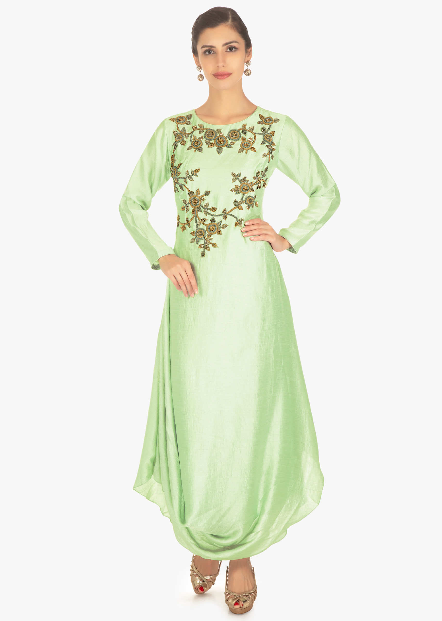 Pista green long silk tunic dress with side cowl drape