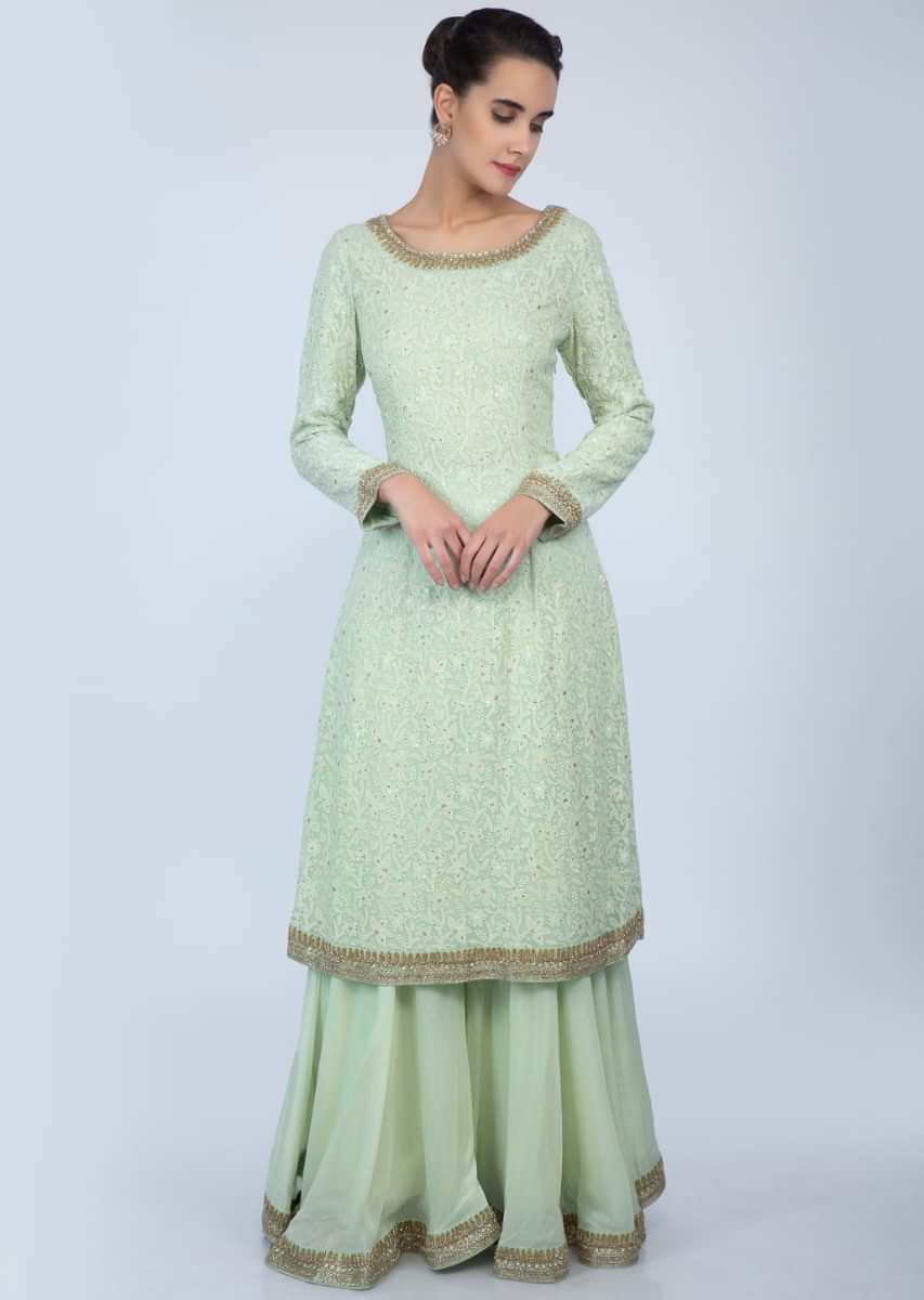 Pista green lucknowi embroidered suit with matching palazzo only on Kalki