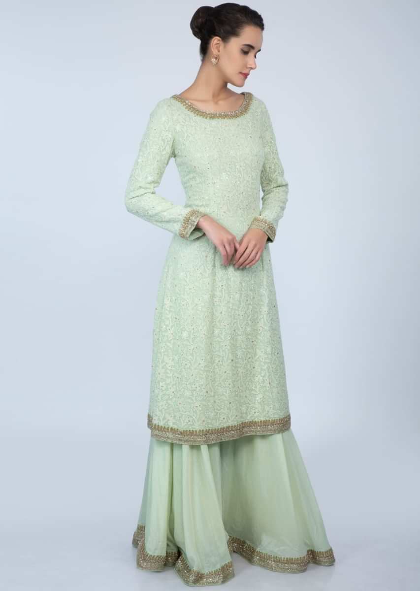 Pista green lucknowi embroidered suit with matching palazzo only on Kalki