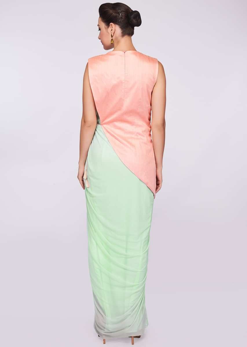Pista green lycra net saree gown with a fancy salmon pink wrap around 