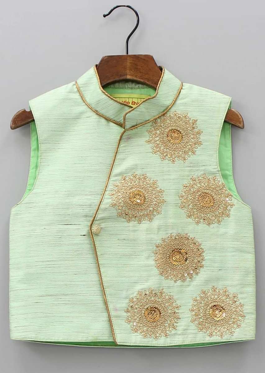 Pista Green Nehru Jacket In Silk With Embroidered Butti Online - Kalki Fashion