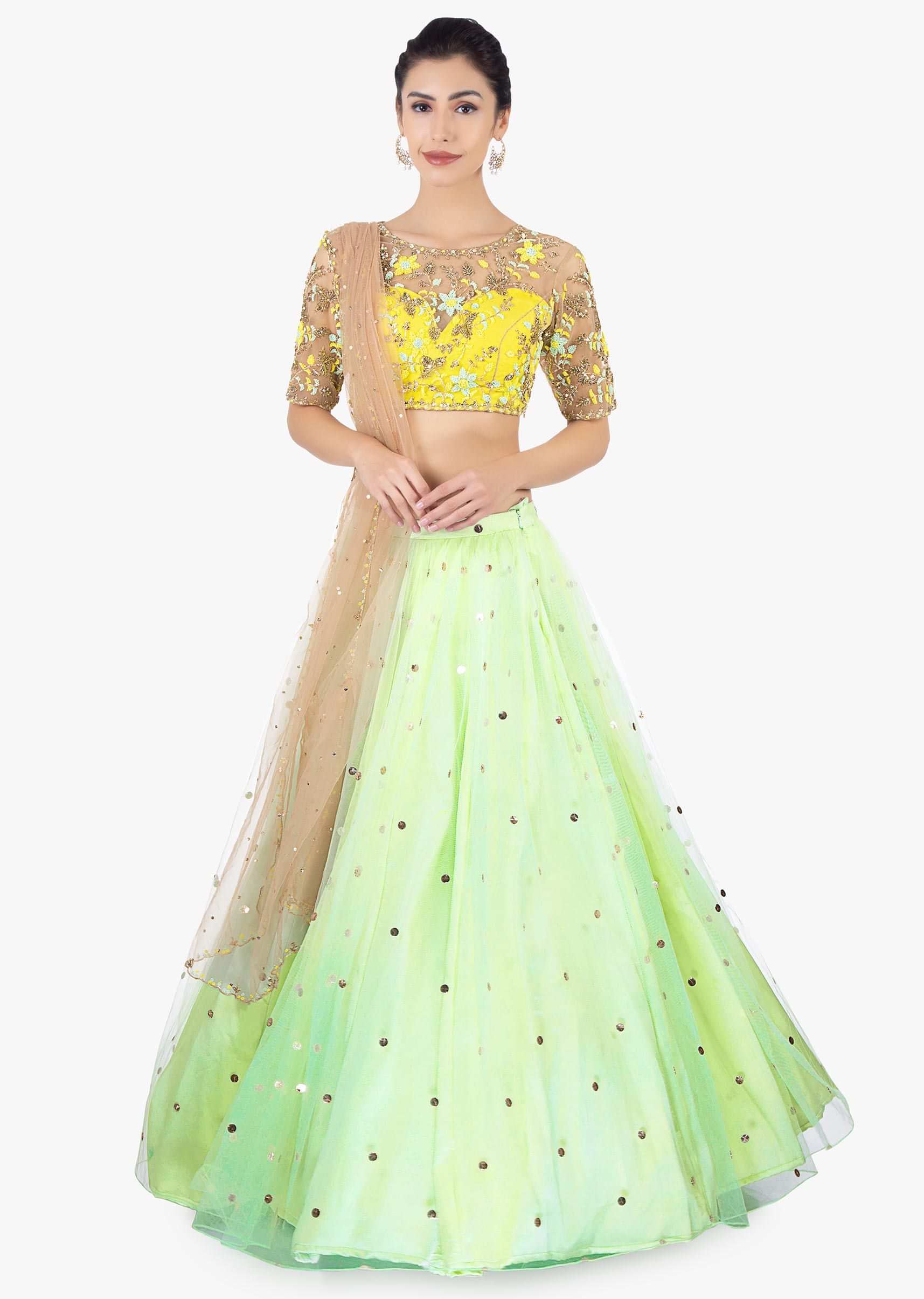 Pista green net lehenga paired with a yellow net blouse and brown net dupatta