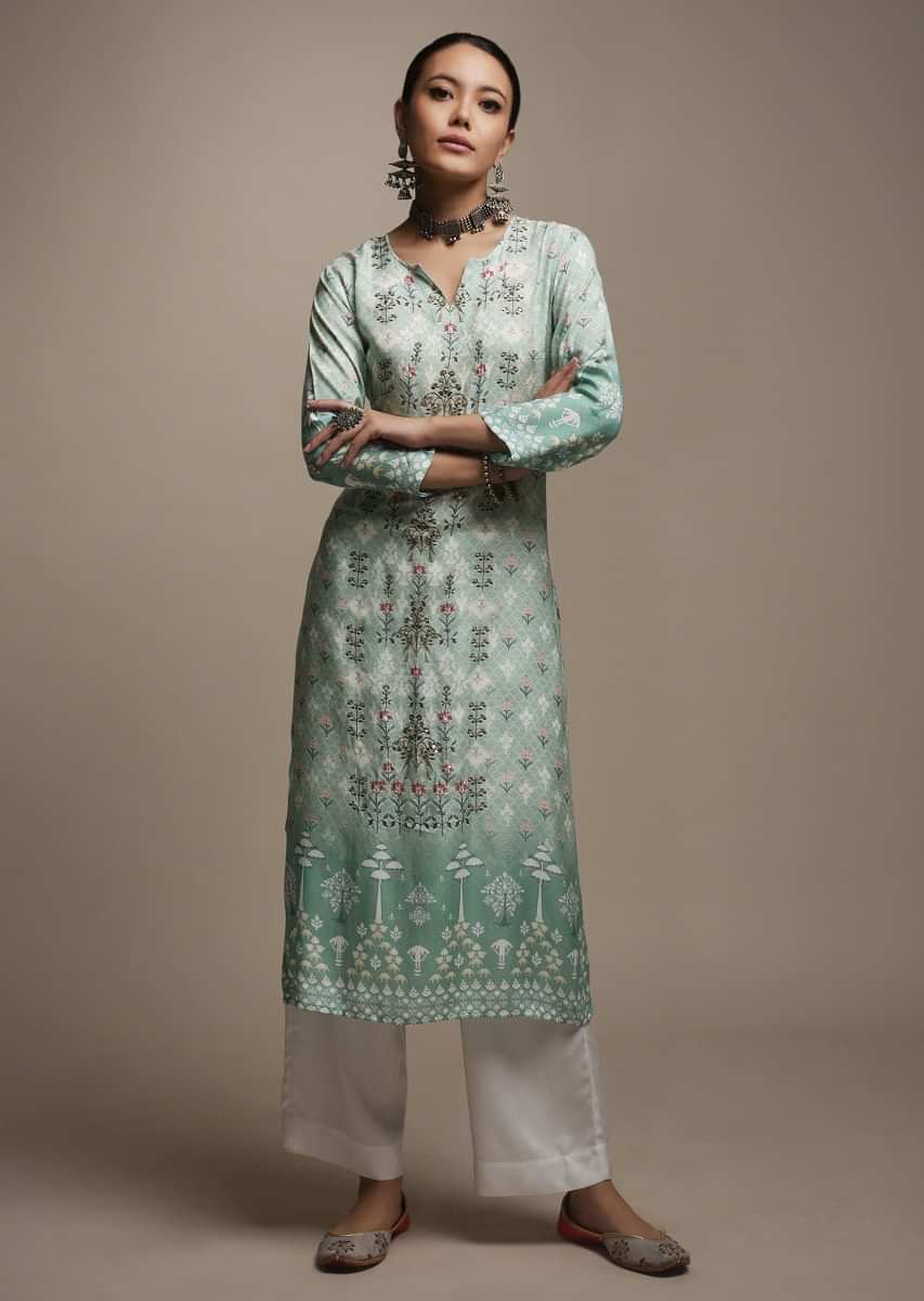 Buy Forest Green Short Kurti In Crepe With Bandhani And Floral Print Online   Kalki Fashion