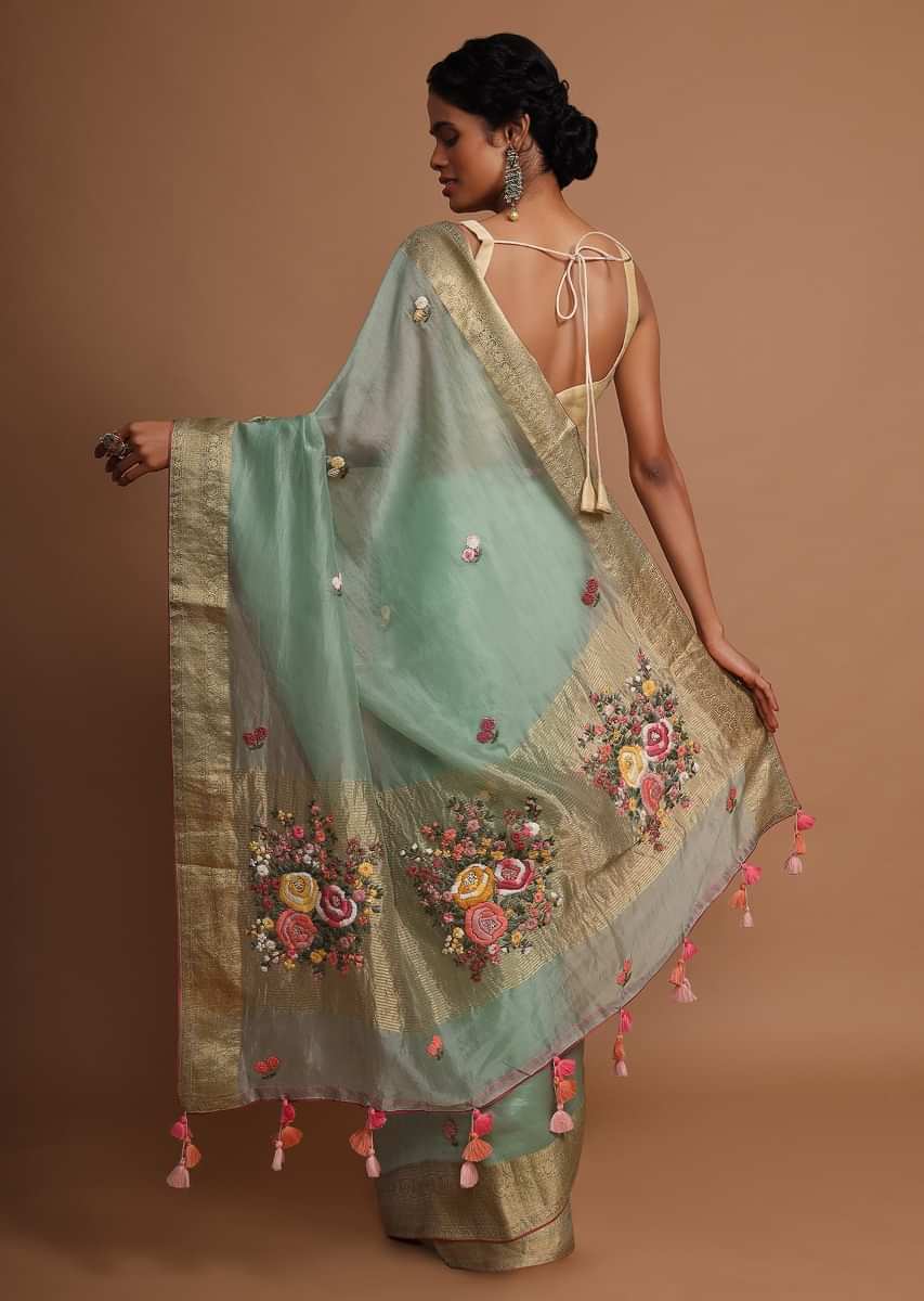 Buy Pista Green Saree In Organza With Hand Embroidered Floral Buttis Using  Thread And French Knots KALKI Fashion India