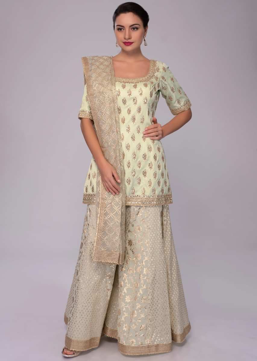 Pista green palazzo suit in embroidered butti and foil print