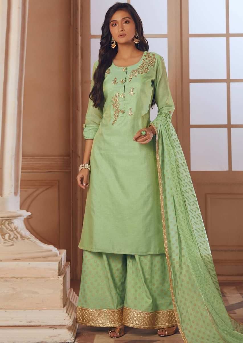 Pista Green Palazzo Suit In Silk With Embroidered Butti And Fancy Buttons Online - Kalki Fashion