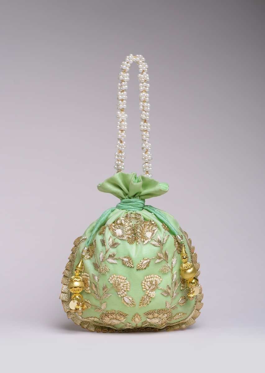 Pista Green Potli Bag In Silk With Hand Embroidered Floral Design Using Sequins And Zardosi