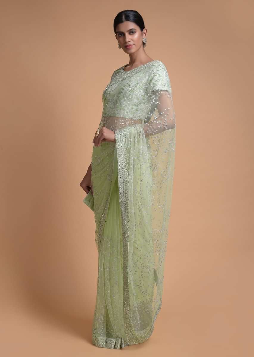 Buy Pista Green Saree In Net With Applique, Thread And Sequins Embroidered  Floral Pattern KALKI Fashion India