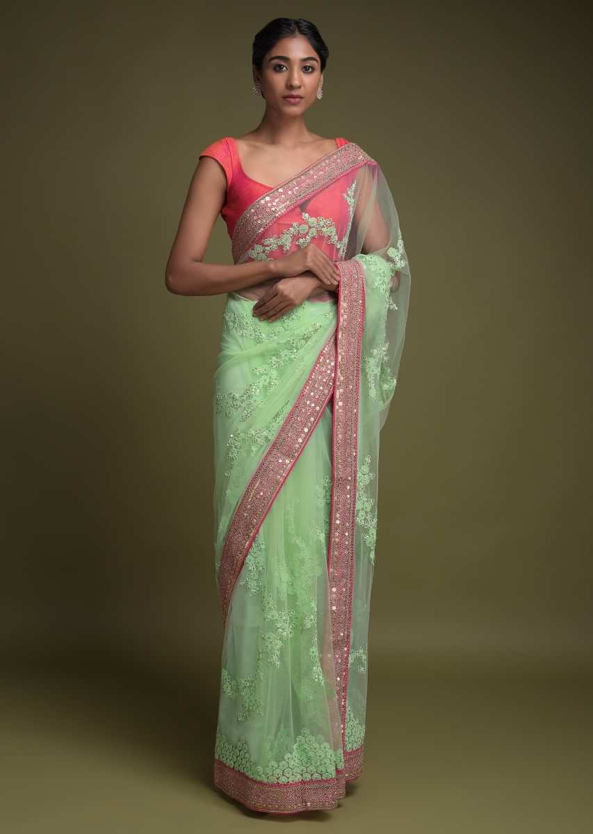 Buy Pista Green Saree In Net With Applique, Thread And Sequins