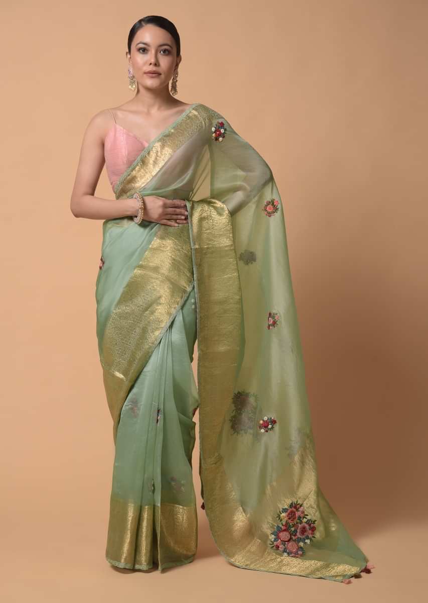 Buy Pista Green Saree In Organza With Hand Embroidered Floral