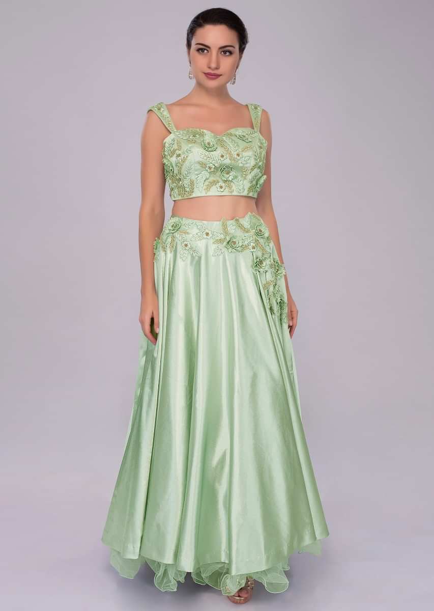 Pista green satin crepe lehenga and embroidered crop top with organza ...