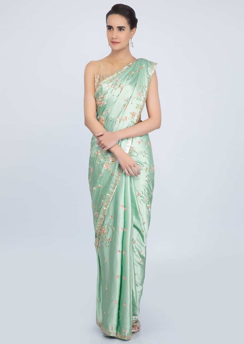Pista Green Satin Saree With Embroidery And Butti Online - Kalki Fashion