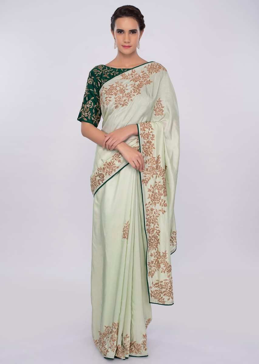 Pista green satin saree with emerald green silk blouse with cut dana embroidery only on kalki