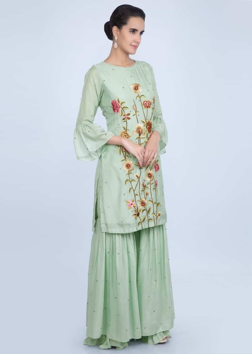 Pista green sharara suit set with multi color floral resham embroidery only on Kalki