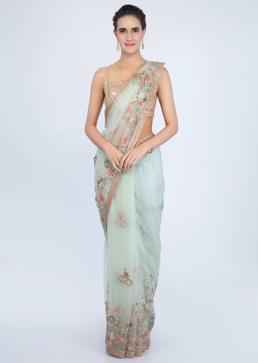 Pista Green Saree In Sheer Net With Sequins Embroidered Buttis And Border Online - Kalki Fashion