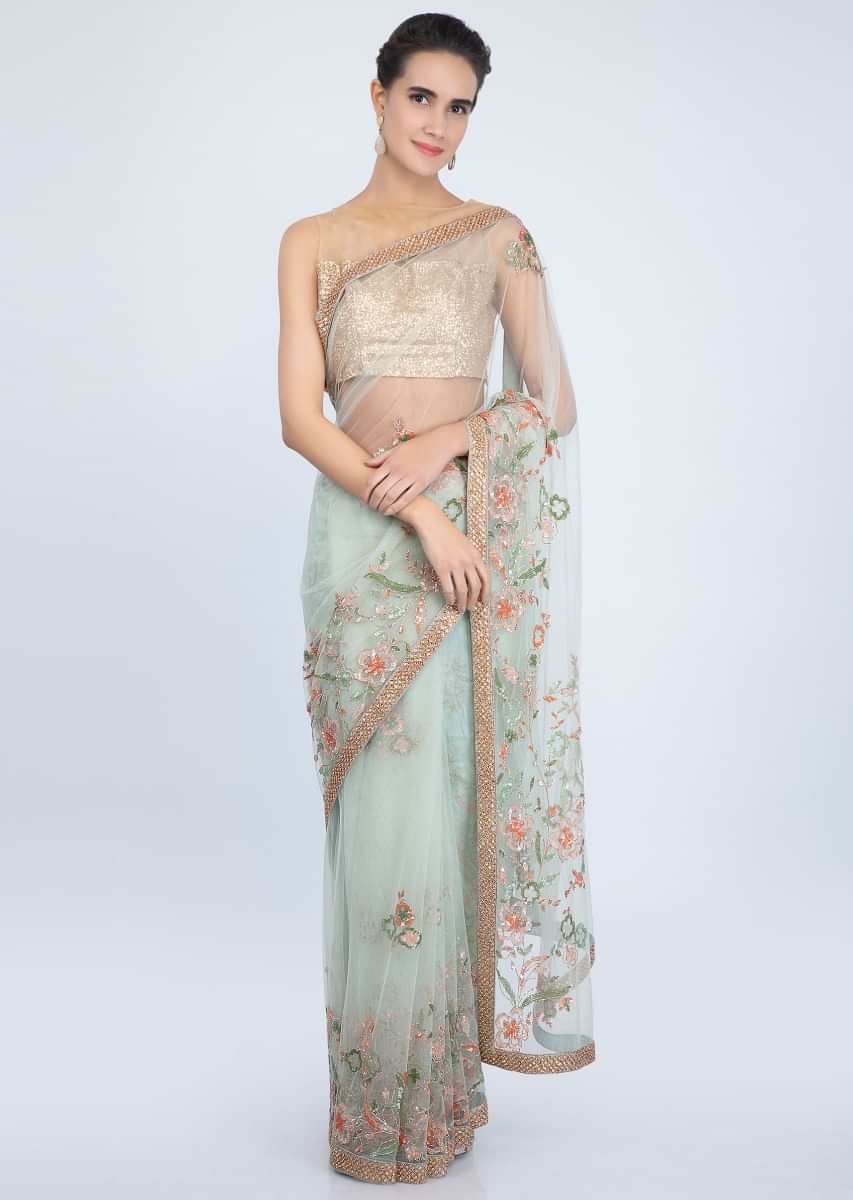 Pista Green Saree In Sheer Net With Sequins Embroidered Buttis And Border Online - Kalki Fashion