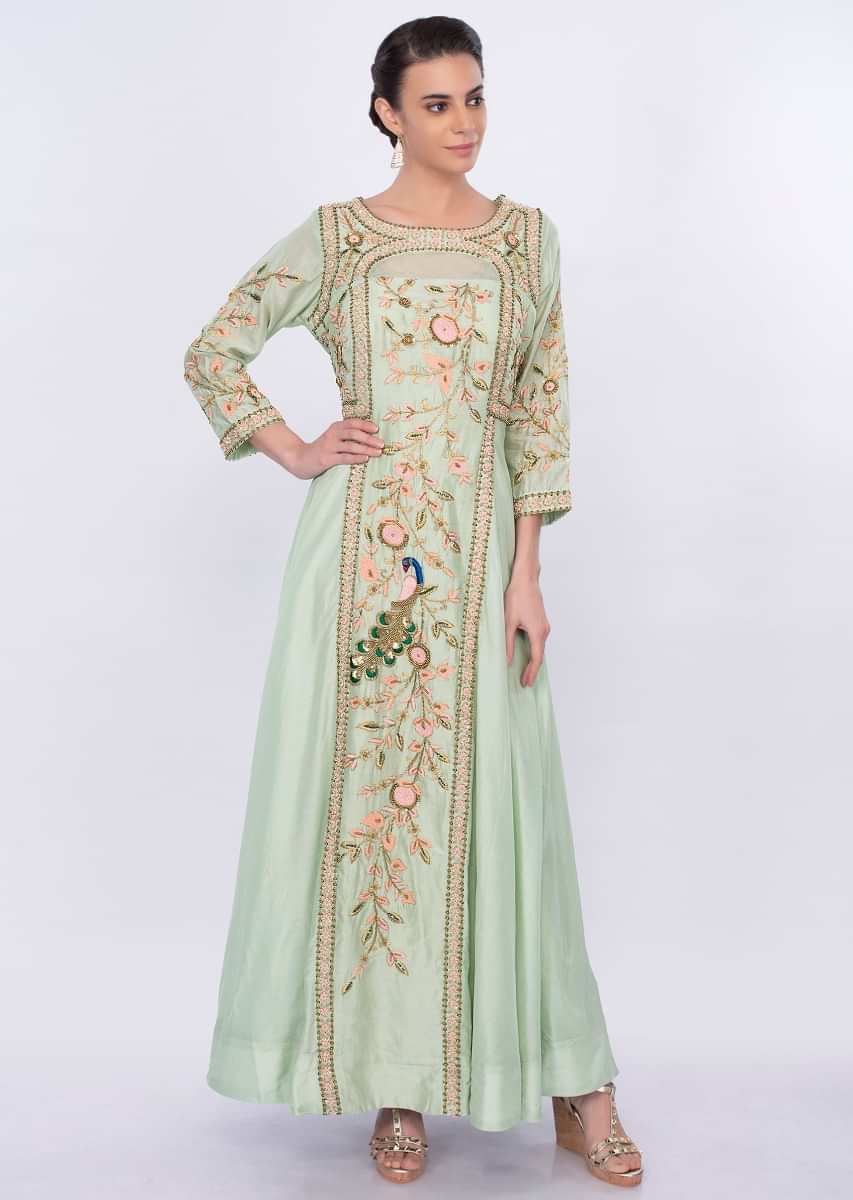 Pista Green Anarkali Dress In Silk With Floral And Peacock Motif Online - Kalki Fashion