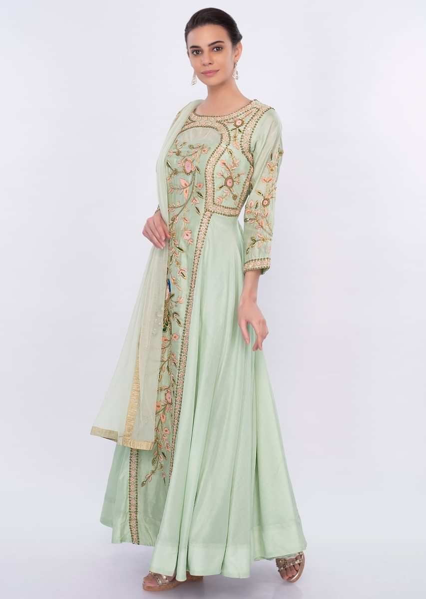 Pista Green Anarkali Dress In Silk With Floral And Peacock Motif Online - Kalki Fashion