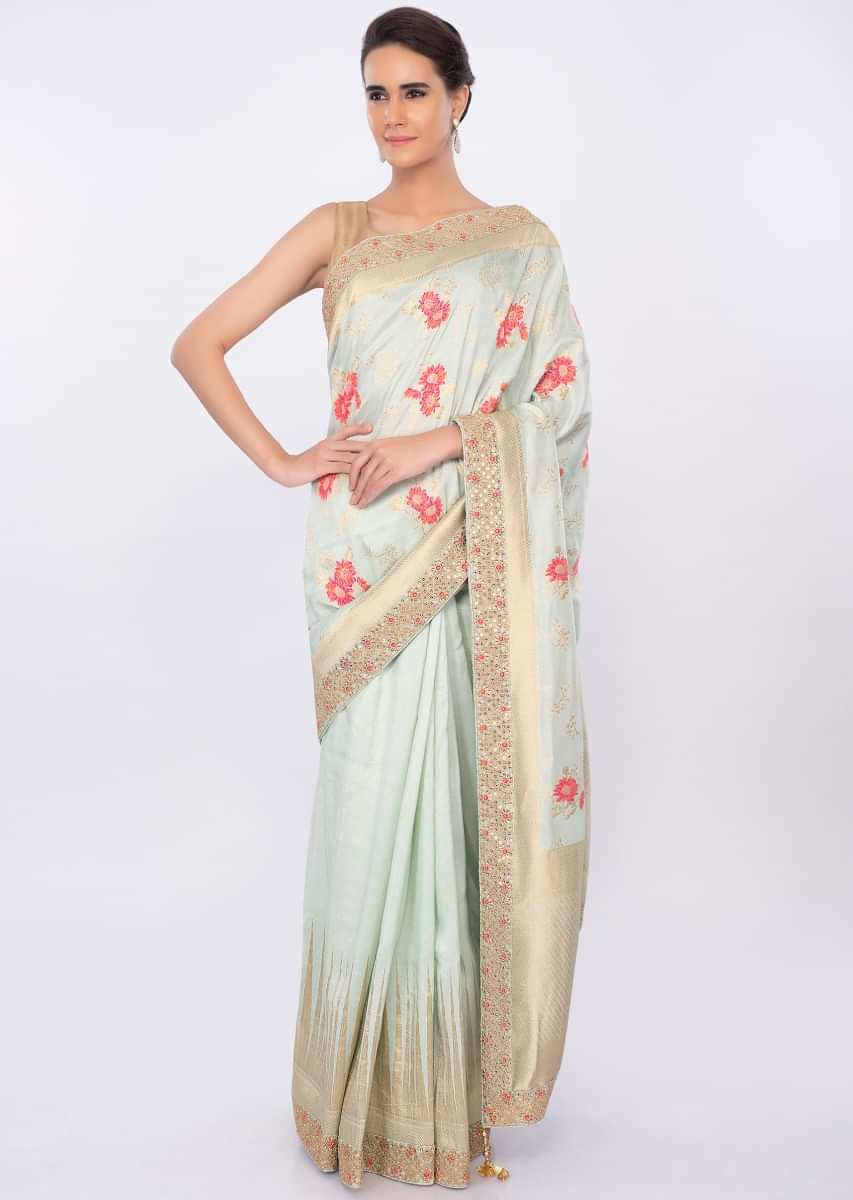 Pista green silk saree with multi color floral weaved work only on kalki