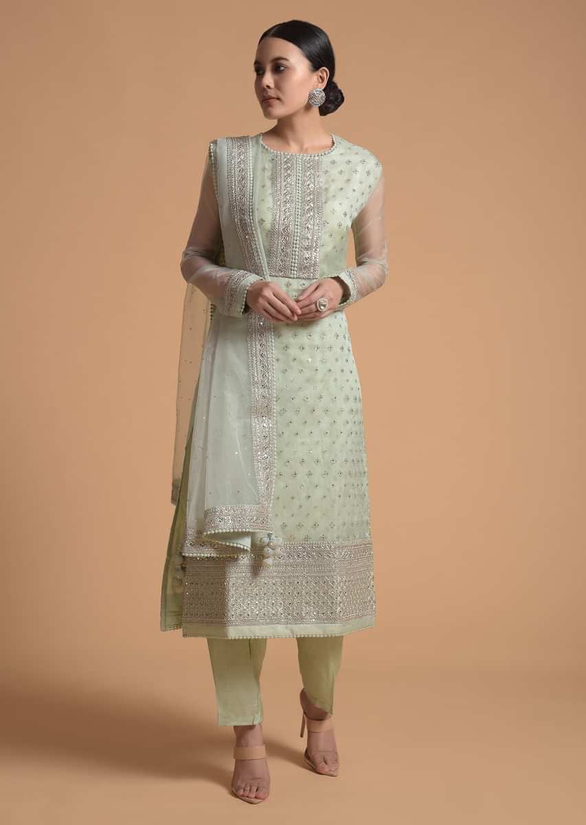 Pista Green Straight Cut Suit With Sequins Buttis All Over And Cord Embroidery On The Placket And Border  