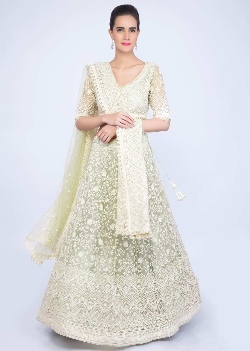 Pista Green Lehenga Set In Thread Embroidered Net Along With Moti And Stone Work Online - Kalki Fashion