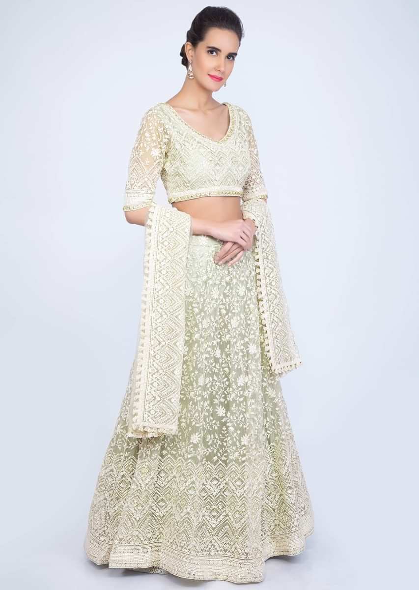 Pista Green Lehenga Set In Thread Embroidered Net Along With Moti And Stone Work Online - Kalki Fashion