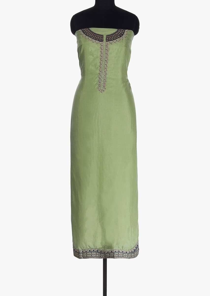 Pista green  unstitched suit with embroidered neckline and placket