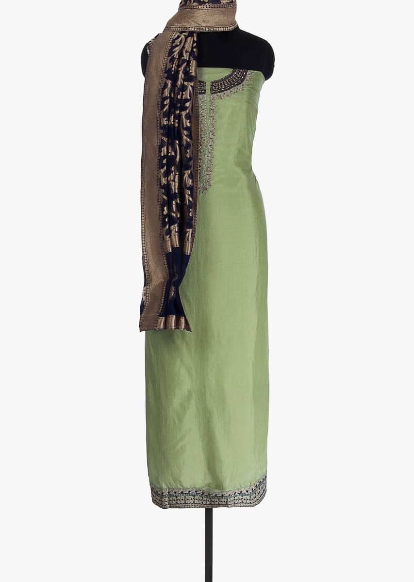Pista green  unstitched suit with embroidered neckline and placket