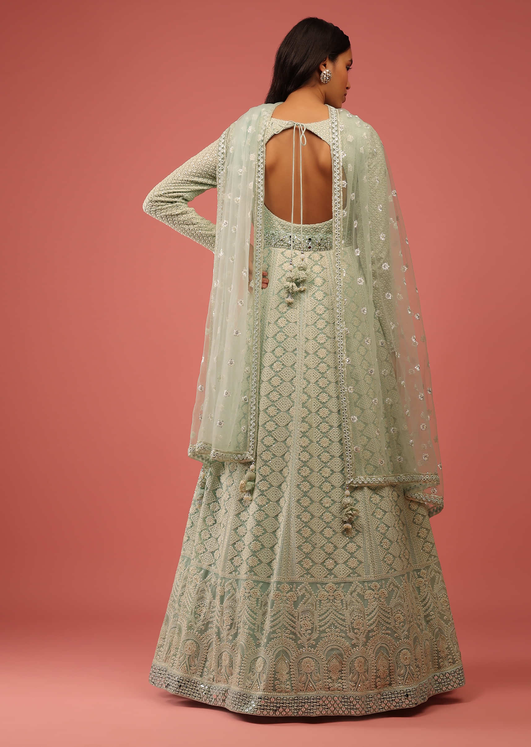 Powder Green Anarkali Suit In Georgette With Lucknowi Thread Embroidered Kalis And Mughal Border