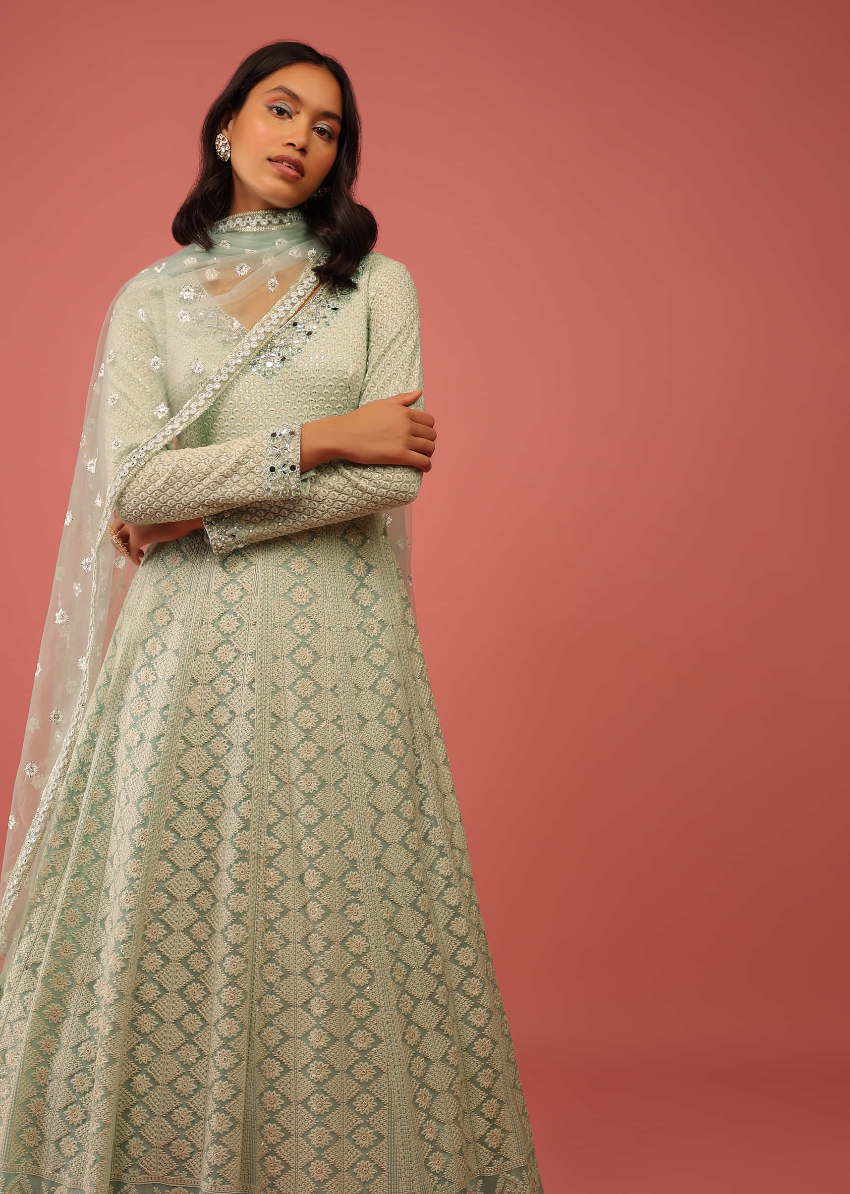 Powder Green Anarkali Suit In Georgette With Lucknowi Thread Embroidered Kalis And Mughal Border