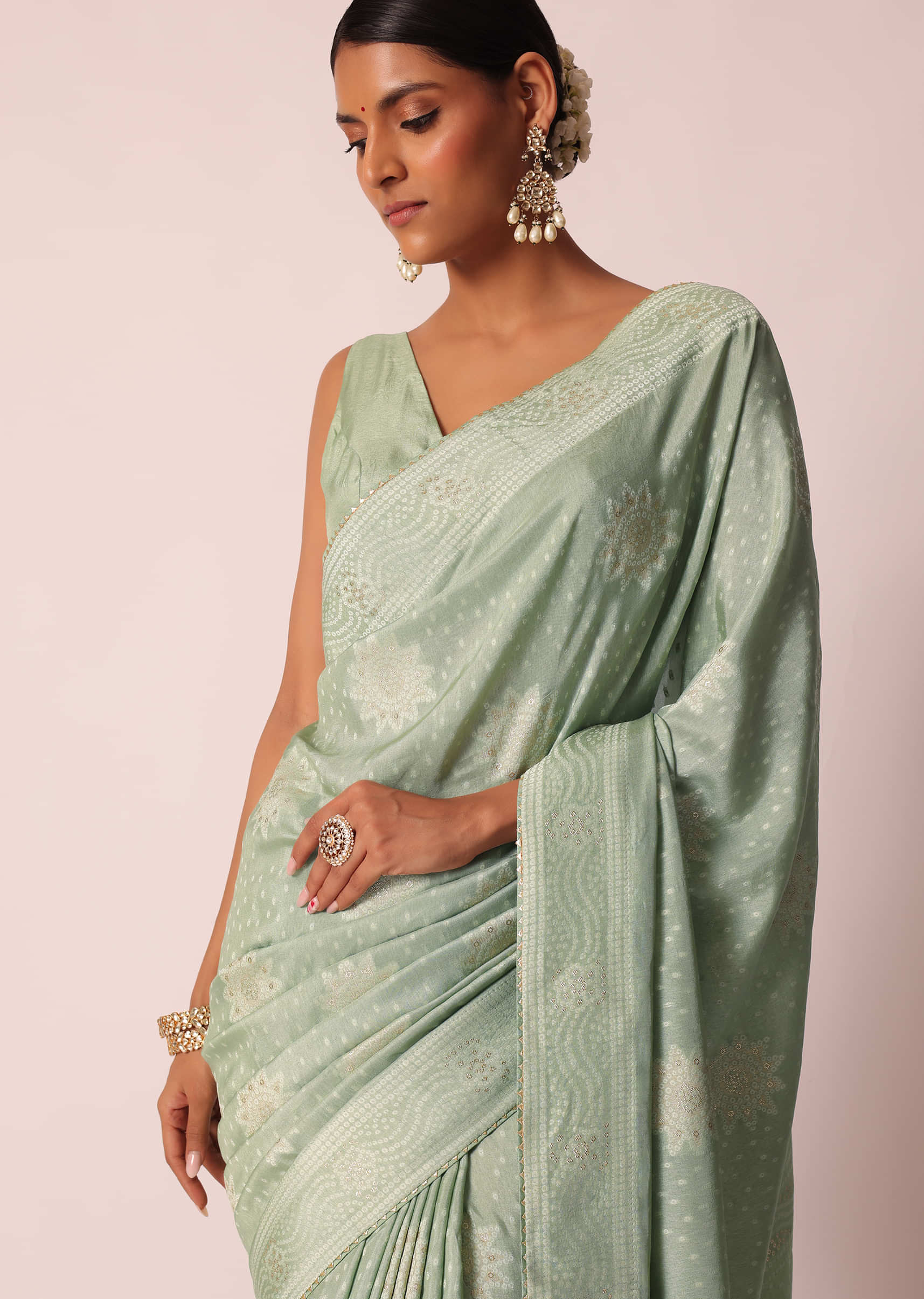 Buy Pista Green Bandhani Saree With Zari Detail And Unstitched