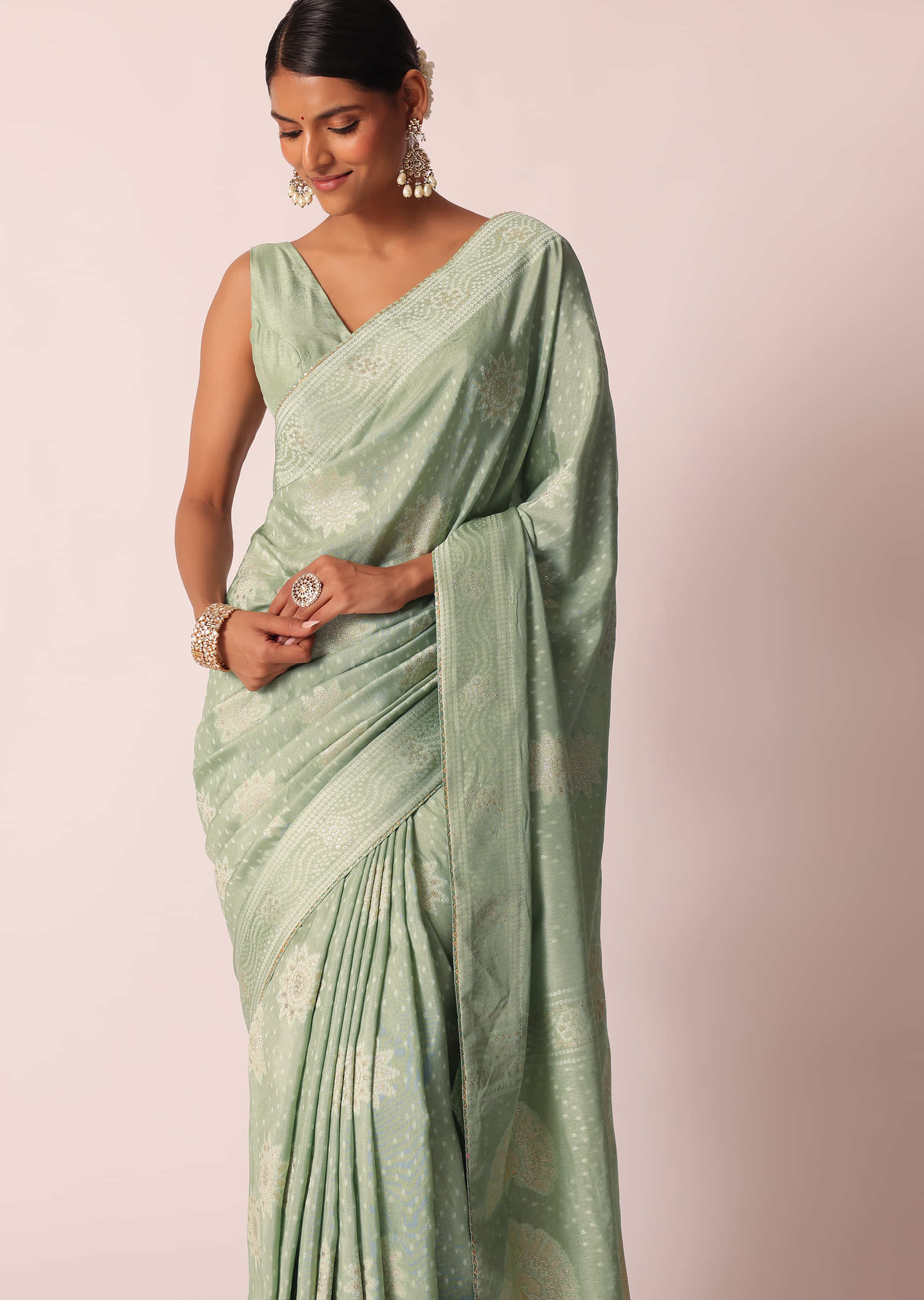 Buy Pista Green Bandhani Saree With Zari Detail And Unstitched Blouse Piece