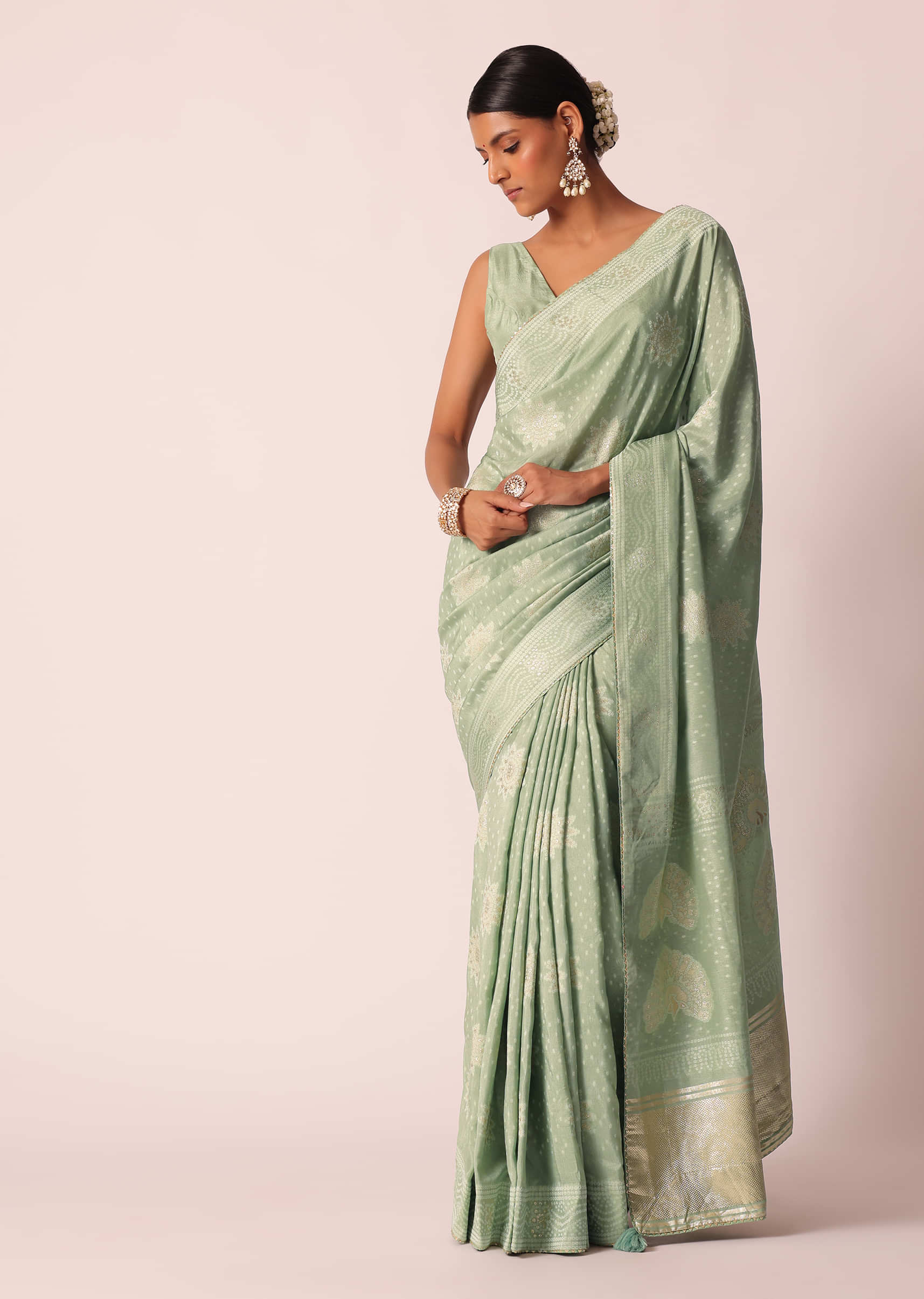 Buy Pista Green Bandhani Saree With Zari Detail And Unstitched Blouse Piece
