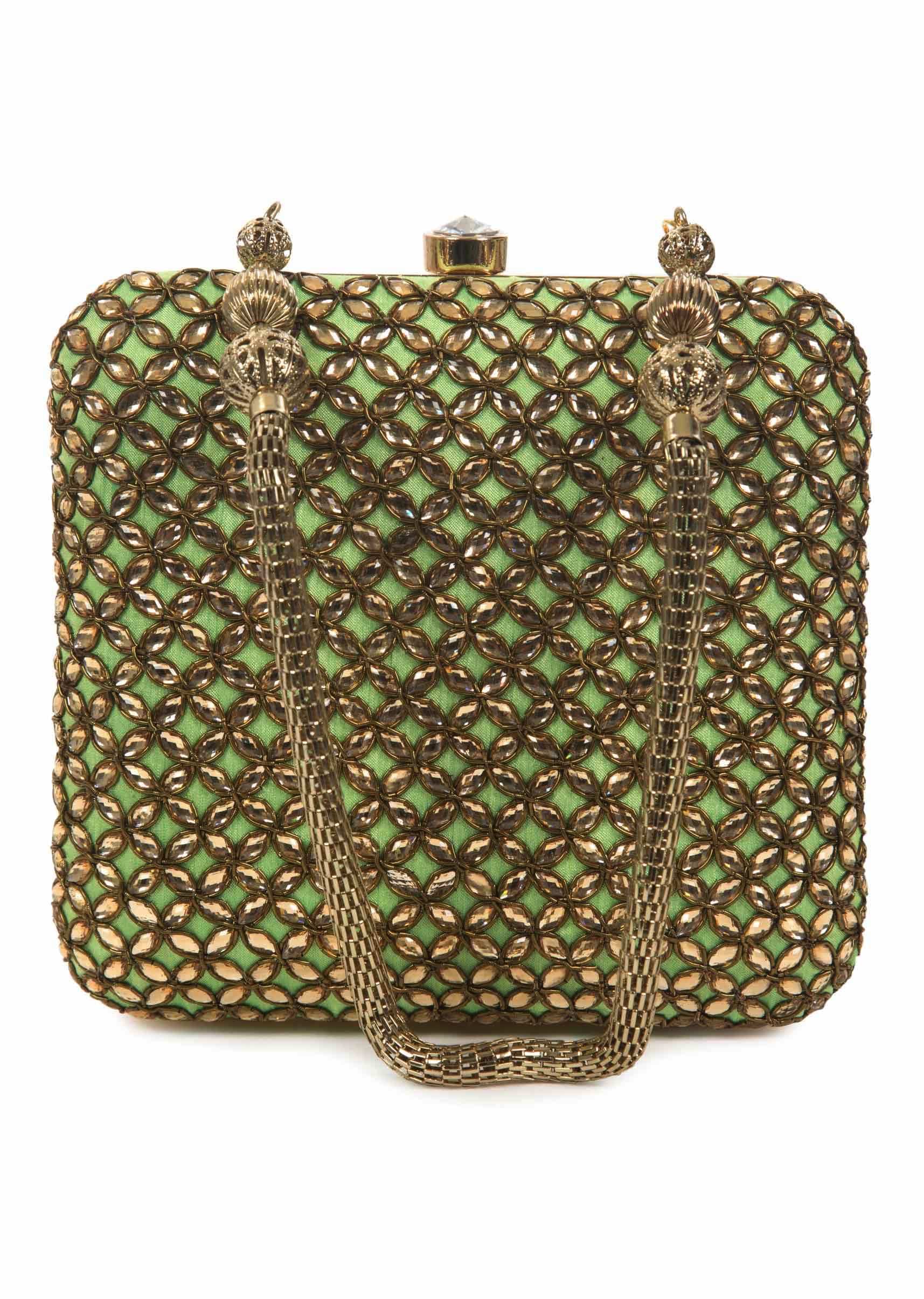 Pista green base clutch with kundan embroidery only on Kalki
