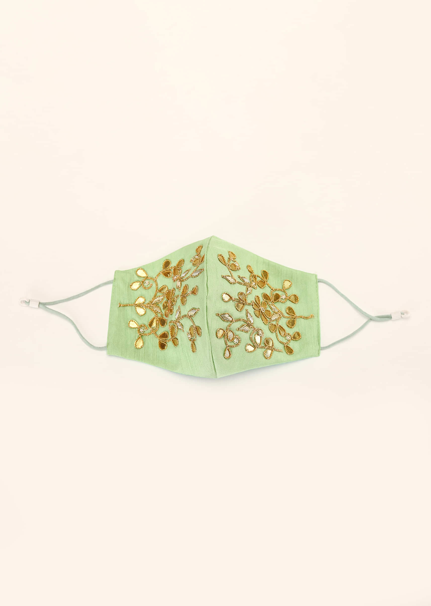 Pista Green Mask In Raw Silk With Gotta Patti And Zardosi Embroidered Floral Design