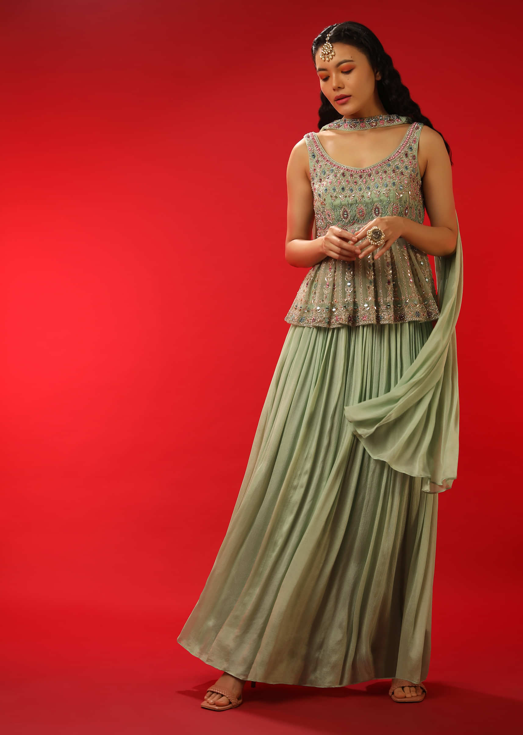 Pista Green Palazzo And Peplum Suit With Multi Colored Resham And Mirror Abla Embroidered Floral Motifs  