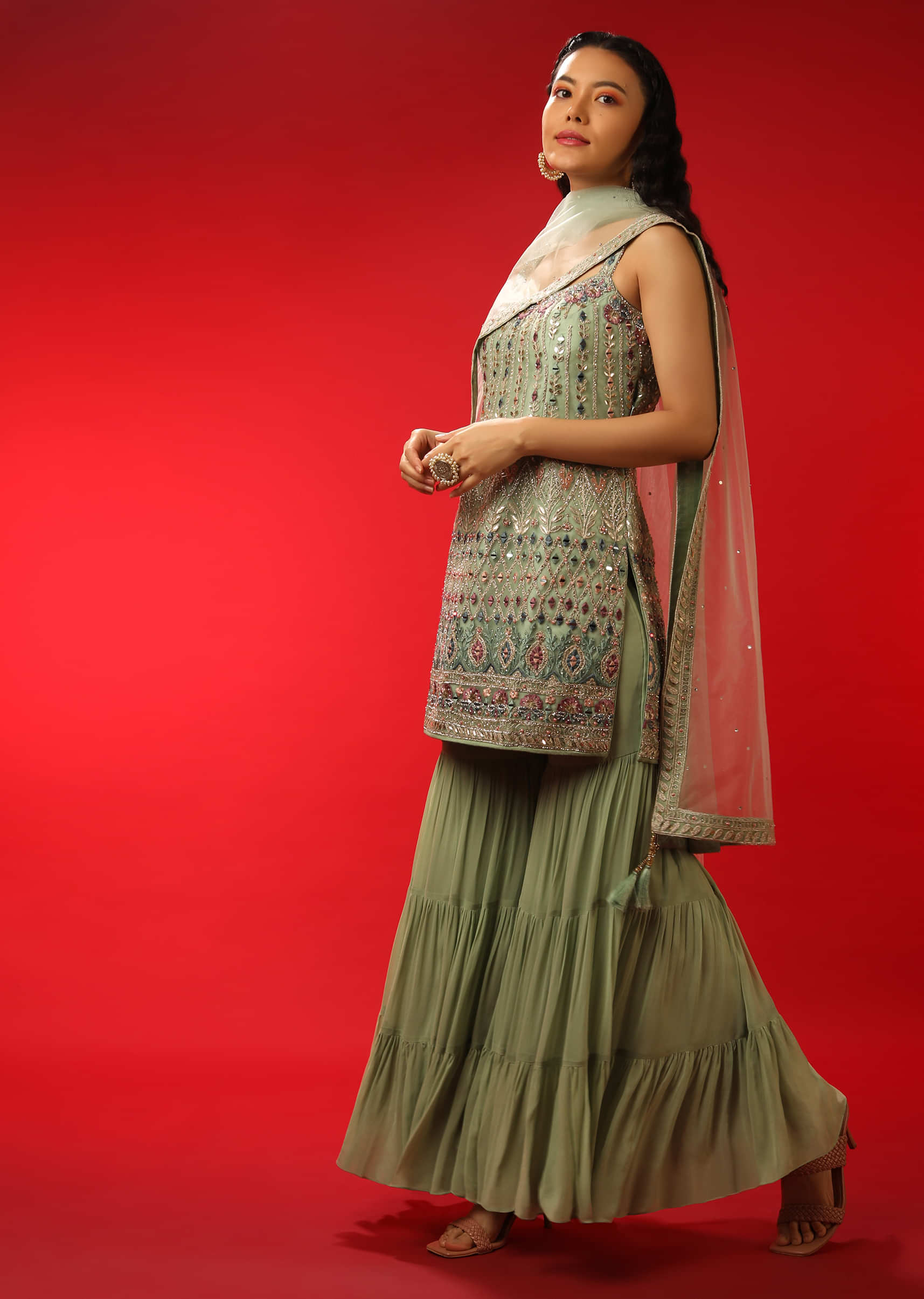 Pista Green Sharara Suit Multi Colored Resham And Mirror Abla Embroidery  